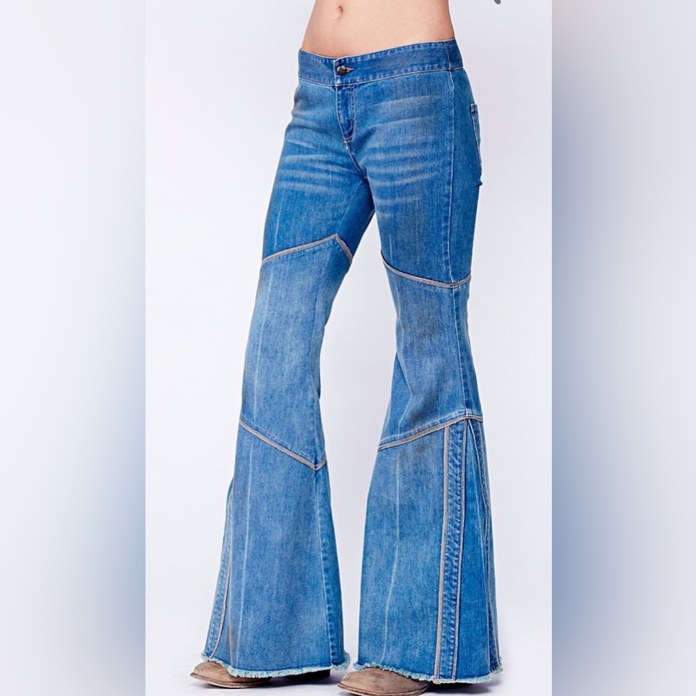 Free People Rare Seamed Bambi Flare Blue Jeans Womens Sz 25 Boho‎ Western 70’s